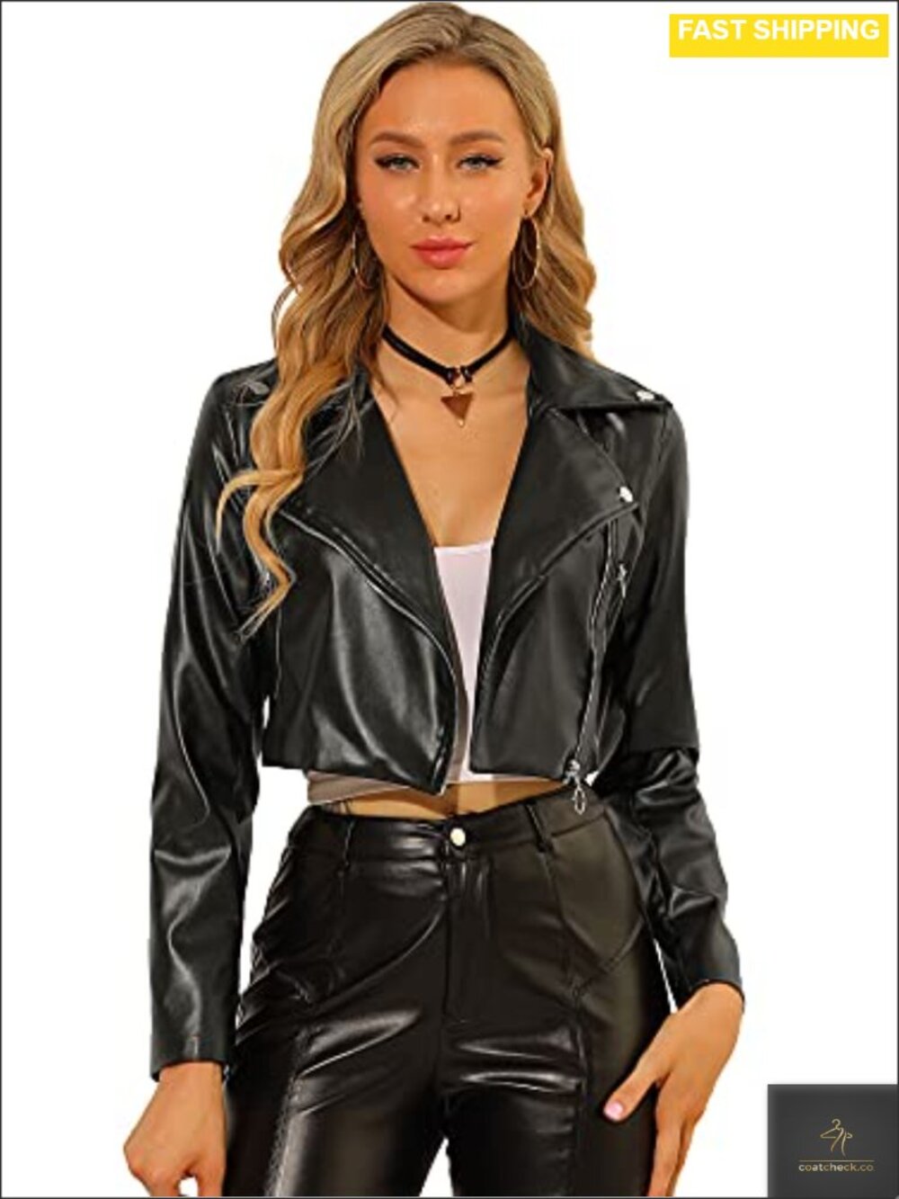 Faux Leather Long Sleeve Zipper Up Moto Cropped Jacket